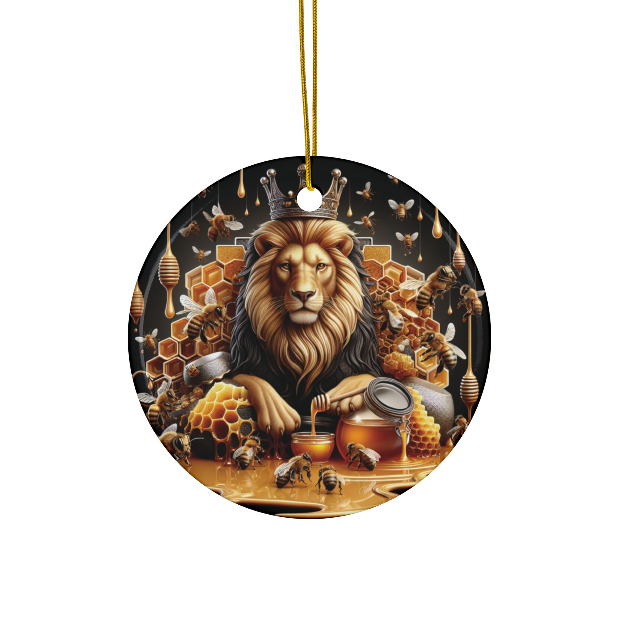 Lion & Honey Ceramic Ornament — Round Double-Sided Christmas Decoration