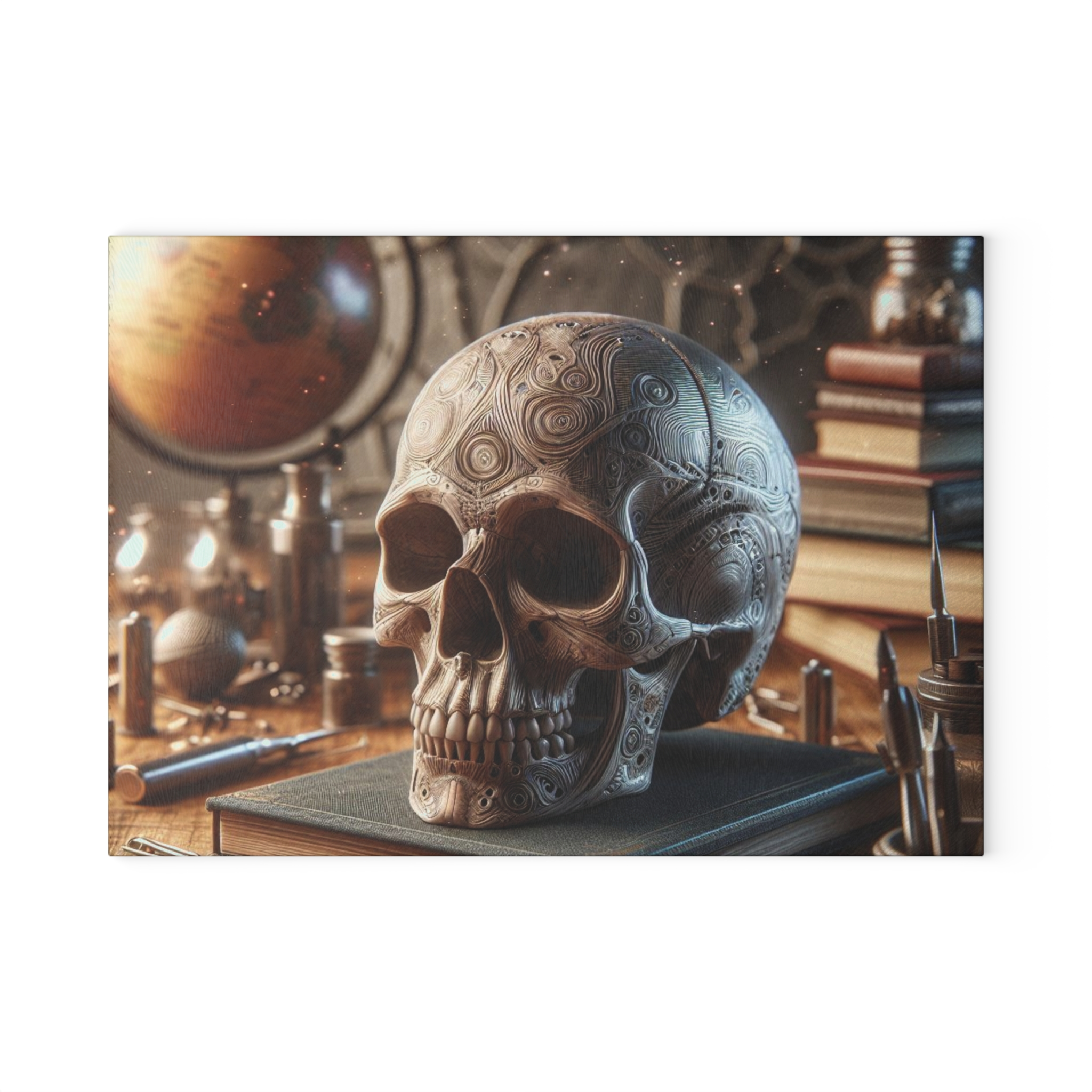 Decorative Glass Cutting Board — Ornate Skull Study Design