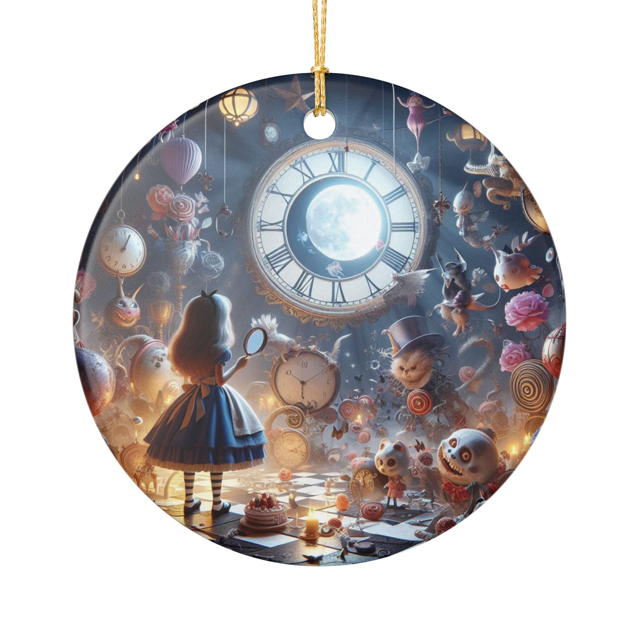 Alice in Wonderland Ceramic Ornament — Whimsical Clock & Tea Party Holiday Decoration
