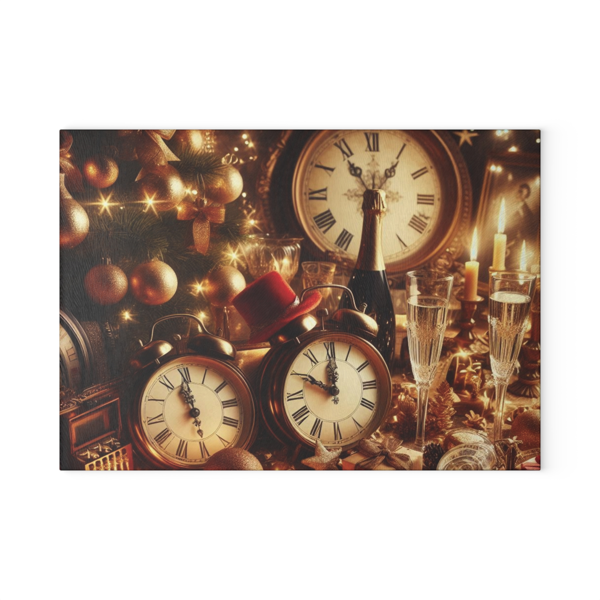 New Year Countdown Glass Cutting Board — Holiday Clocks & Champagne Kitchen Decor