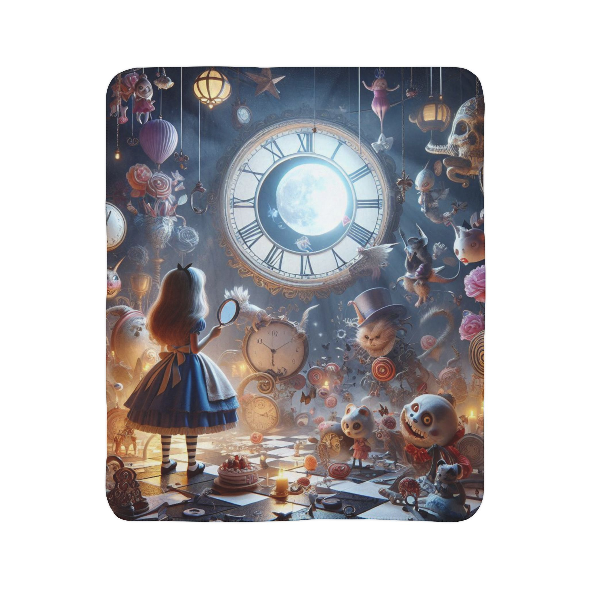 Alice-Inspired Magical Clockwork Sherpa Blanket — Whimsical Fantasy Fleece Throw