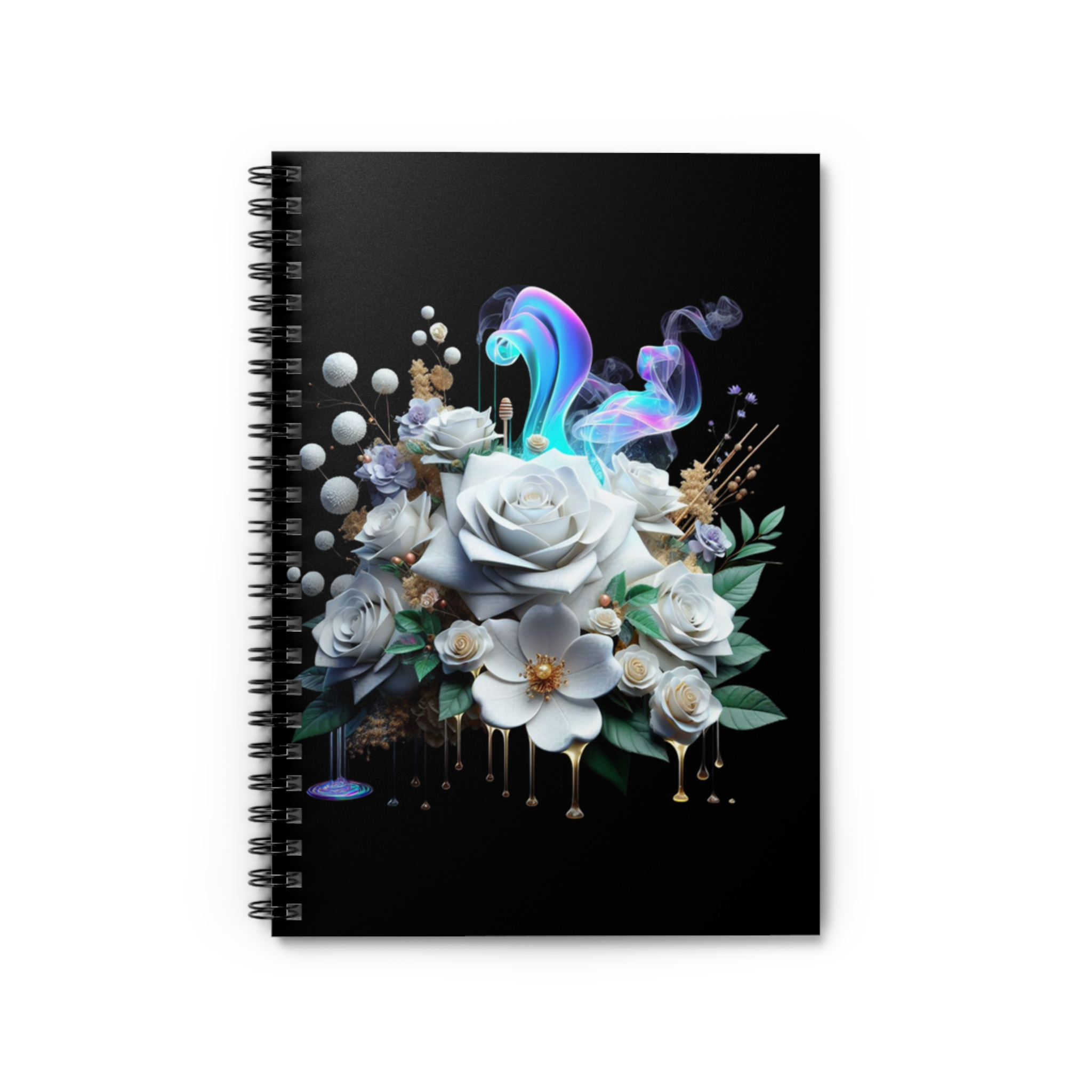 Elegant White Rose Spiral Notebook — Floral Art Journal with Ethereal Smoke Design